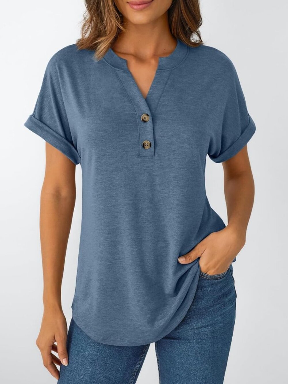 Women's Blue Summer Short Sleeve V Neck Button Up Casual Fashion Trendy T-Shirts - Picture 6 of 6